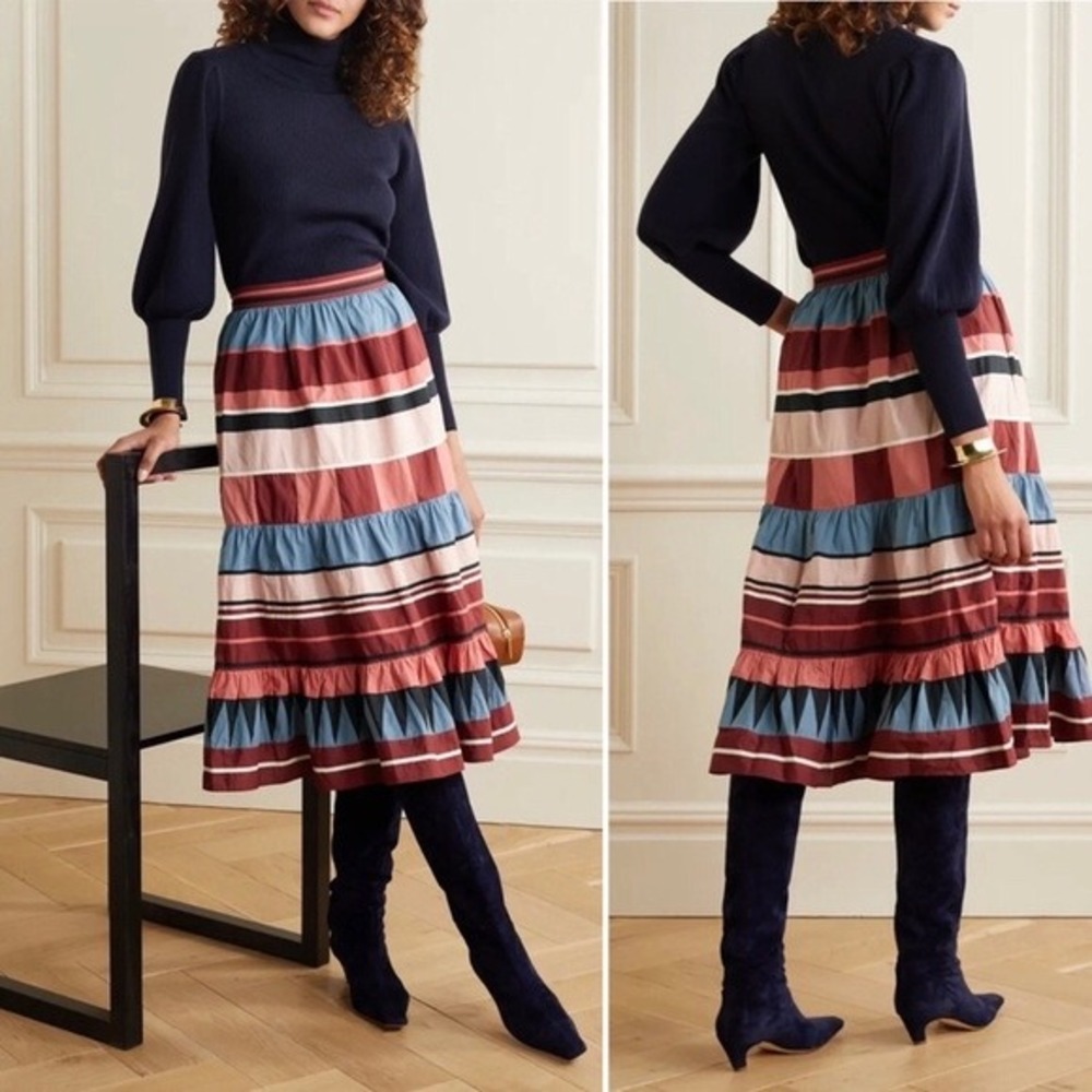 Ulla Johnson Patchworked Cotton Poplin Midi Skirt Multi Color Boho Size 12‎